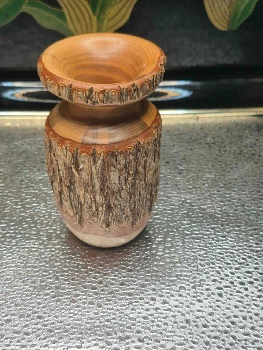 Vintage Mini Hand Turned Yew Wood Vase with Bark GEORGE LOONEY Rustic Decor